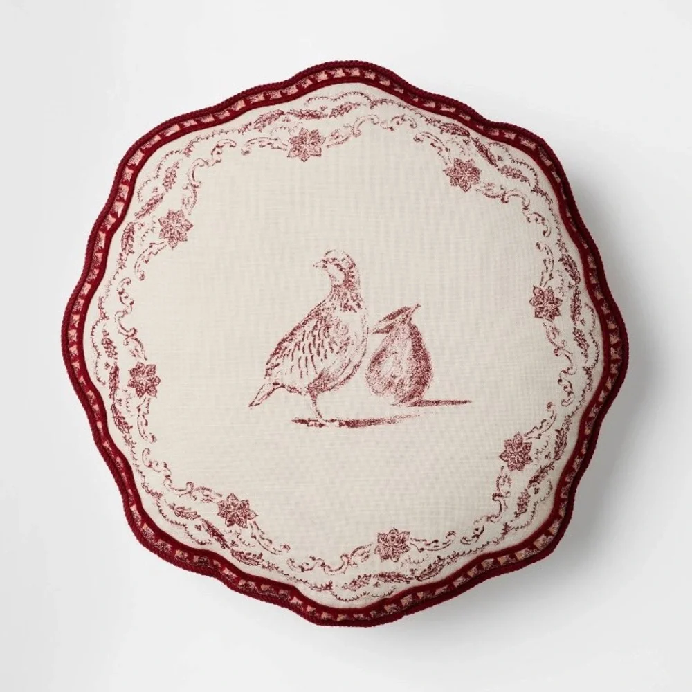 New 16” Burgundy & Cream Christmas Partridge Throw Pillow Threshold Studio McGee